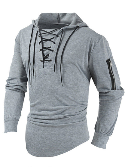 Sweatshirts- Lace-Up Men's Lightweight Hooded Sweatshirt- - Pekosa Women Clothing