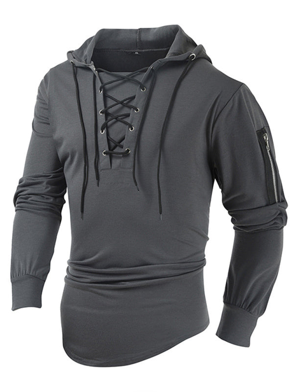 Sweatshirts- Lace-Up Men's Lightweight Hooded Sweatshirt- - Pekosa Women Clothing