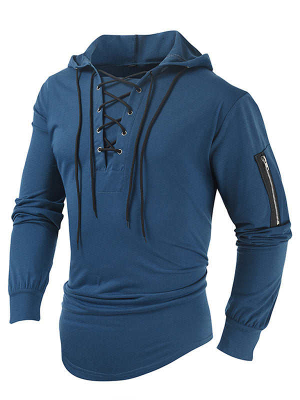 Sweatshirts- Lace-Up Men's Lightweight Hooded Sweatshirt- - Pekosa Women Clothing