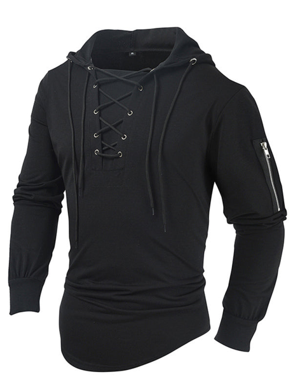 Sweatshirts- Lace-Up Men's Lightweight Hooded Sweatshirt- - Pekosa Women Clothing