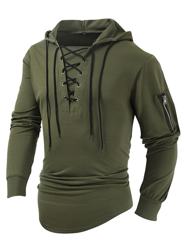 Sweatshirts- Lace-Up Men's Lightweight Hooded Sweatshirt- - Pekosa Women Clothing