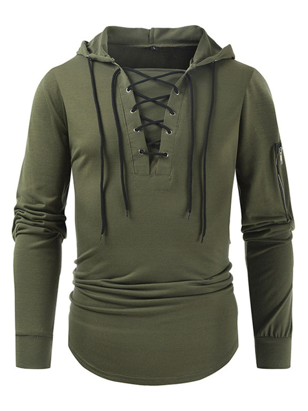 Sweatshirts- Lace-Up Men's Lightweight Hooded Sweatshirt- Green- Pekosa Women Clothing