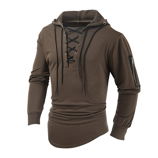 Sweatshirts- Lace-Up Men's Lightweight Hooded Sweatshirt- Dark Brown- Pekosa Women Clothing