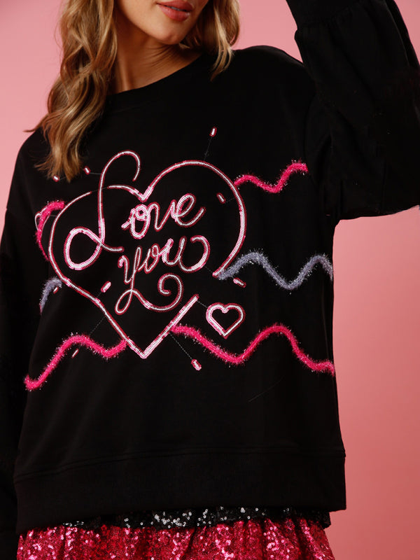 Sweatshirts- Long Sleeve Crew Neck Sweatshirt | Sparkle Patchwork Love Theme Pullover- - Pekosa Women Clothing