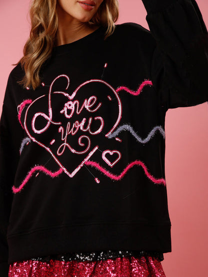 Sweatshirts- Long Sleeve Crew Neck Sweatshirt | Sparkle Patchwork Love Theme Pullover- - Pekosa Women Clothing