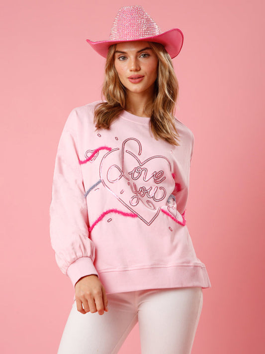 Sweatshirts- Long Sleeve Crew Neck Sweatshirt | Sparkle Patchwork Love Theme Pullover- Pink- Pekosa Women Clothing