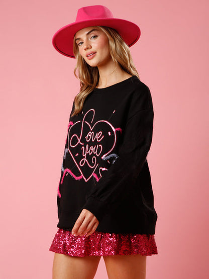 Sweatshirts- Long Sleeve Crew Neck Sweatshirt | Sparkle Patchwork Love Theme Pullover- - Pekosa Women Clothing