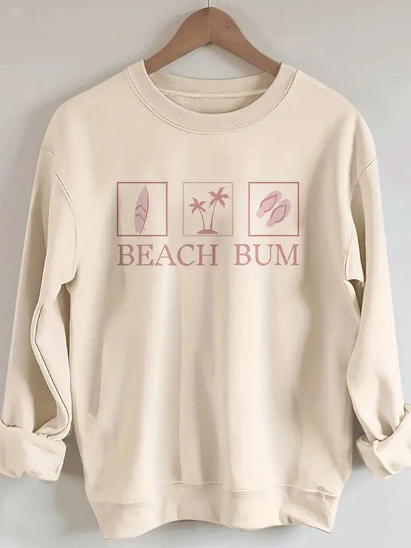 Sweatshirts- Long Sleeve Sporty Beach Bum Print Sweatshirt Pullover- Cracker khaki- Pekosa Women Clothing