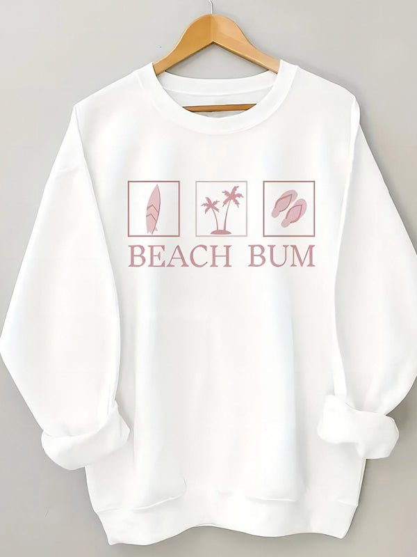 Sweatshirts- Long Sleeve Sporty Beach Bum Print Sweatshirt Pullover- White- Pekosa Women Clothing