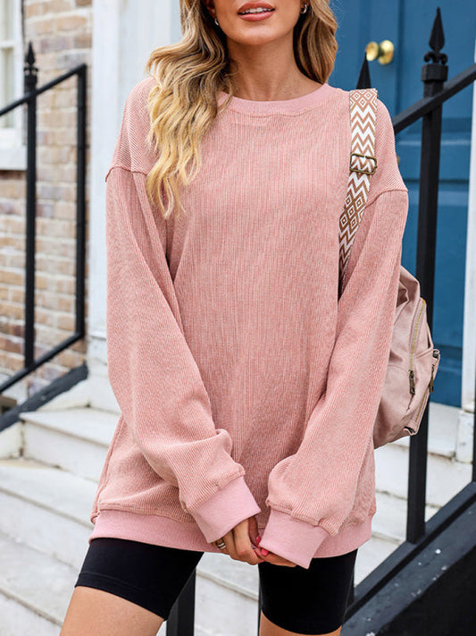Sweatshirts- Loose Pullover Crewneck Sweatshirt for a Relaxed Look- Pink- Pekosa Women Clothing