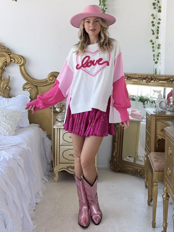 Sweatshirts- Love & Sparkle Pink Patchwork Oversized Sweatshirt- - Pekosa Women Clothing