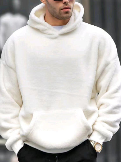 Sweatshirts- Men's Plush Cozy Hooded Sweatshirt- White- Pekosa Women Clothing