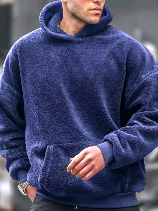 Sweatshirts- Men's Plush Cozy Hooded Sweatshirt- Blue- Pekosa Women Clothing