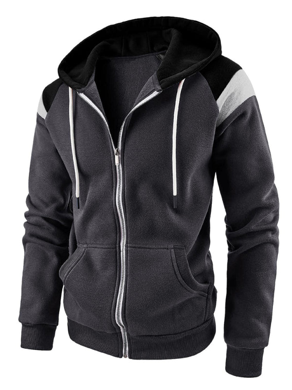 Sweatshirts- Men's Urban Color Block Zip-Up Hooded Sweatshirt- Charcoal grey- Pekosa Women Clothing