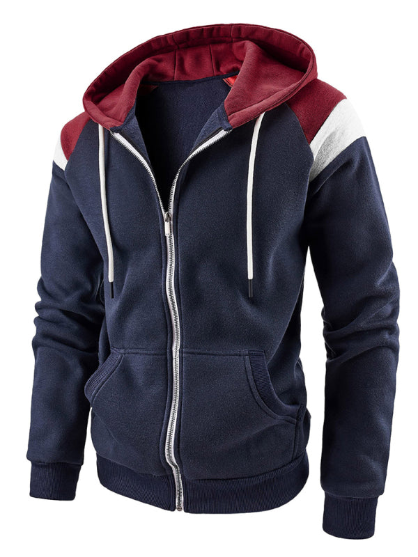 Sweatshirts- Men's Urban Color Block Zip-Up Hooded Sweatshirt- Blue- Pekosa Women Clothing