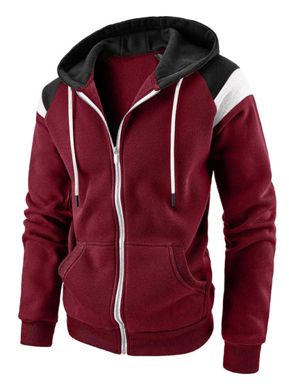 Sweatshirts- Men's Urban Color Block Zip-Up Hooded Sweatshirt- Wine Red- Pekosa Women Clothing