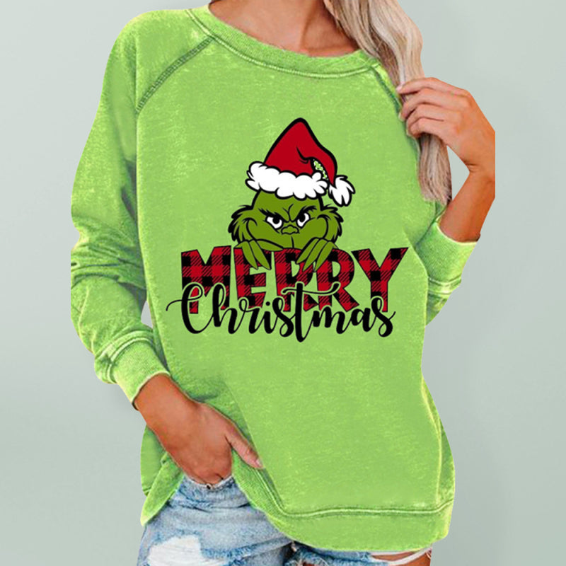 Sweatshirts- Merry Xmas Ugly Grinch Print Thanksgiving Sweatshirt- Light green print 1- Pekosa Women Clothing