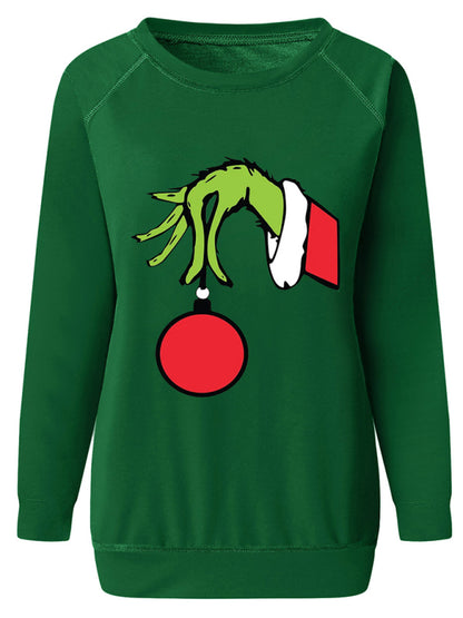 Sweatshirts- Merry Xmas Ugly Grinch Print Thanksgiving Sweatshirt- Dark green print 2- Pekosa Women Clothing