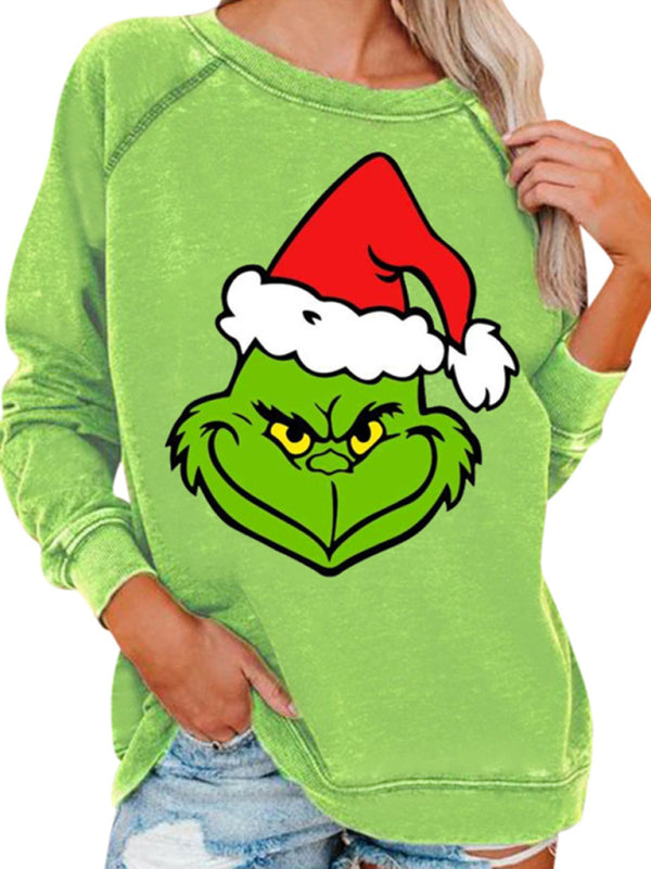 Sweatshirts- Merry Xmas Ugly Grinch Print Thanksgiving Sweatshirt- Light green print 2- Pekosa Women Clothing