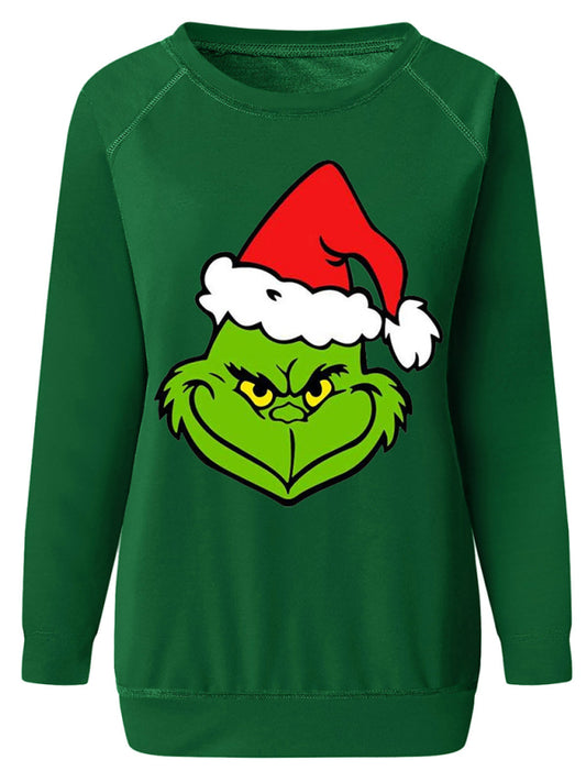 Sweatshirts- Merry Xmas Ugly Grinch Print Thanksgiving Sweatshirt- Dark green print 1- Pekosa Women Clothing