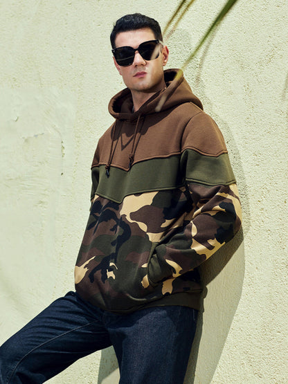 Sweatshirts- Military-Inspired Men's Sport Hooded Sweatshirt | Camouflage Hoodie- Coffee- Pekosa Women Clothing