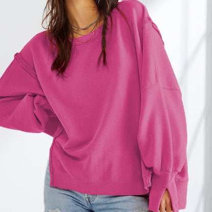 Sweatshirts- Oversized Exposed Seams Sweatshirt - Loose Pullover- Rose- Pekosa Women Fashion