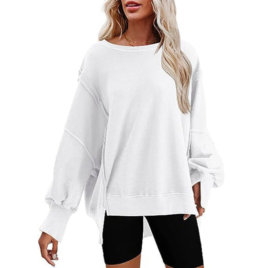 Sweatshirts- Oversized Exposed Seams Sweatshirt - Loose Pullover- White- Pekosa Women Fashion