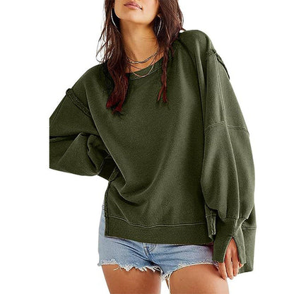 Sweatshirts- Oversized Exposed Seams Sweatshirt - Loose Pullover- Olive green- Pekosa Women Fashion