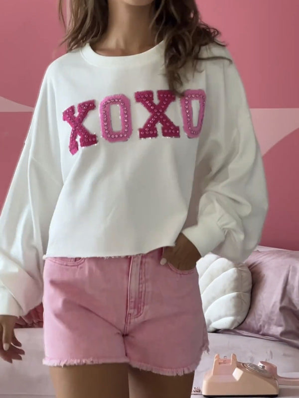 Sweatshirts- Oversized XOXO Embroidered Sweatshirt for Valentine's Day- White- Pekosa Women Clothing