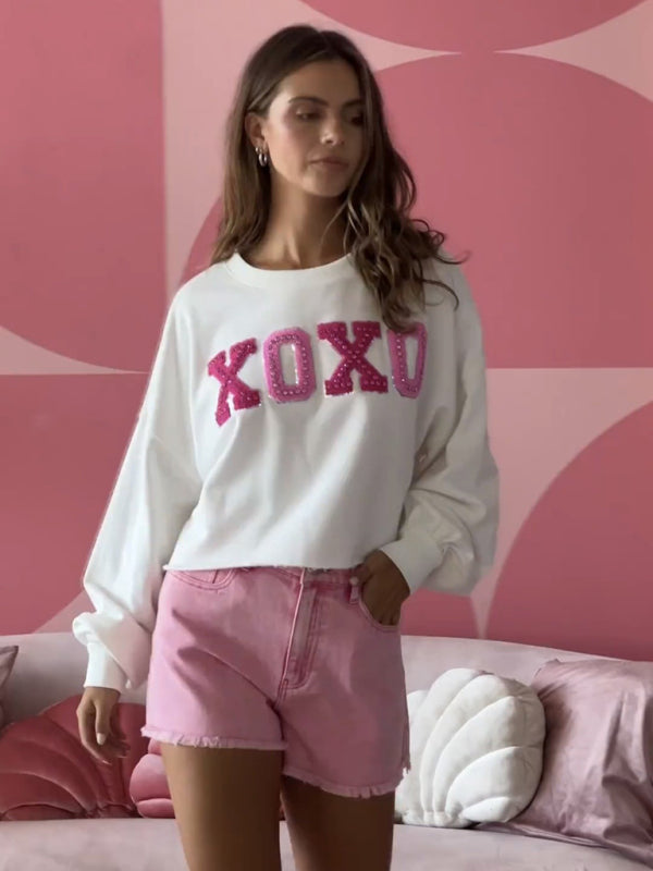 Sweatshirts- Oversized XOXO Embroidered Sweatshirt for Valentine's Day- - Pekosa Women Clothing
