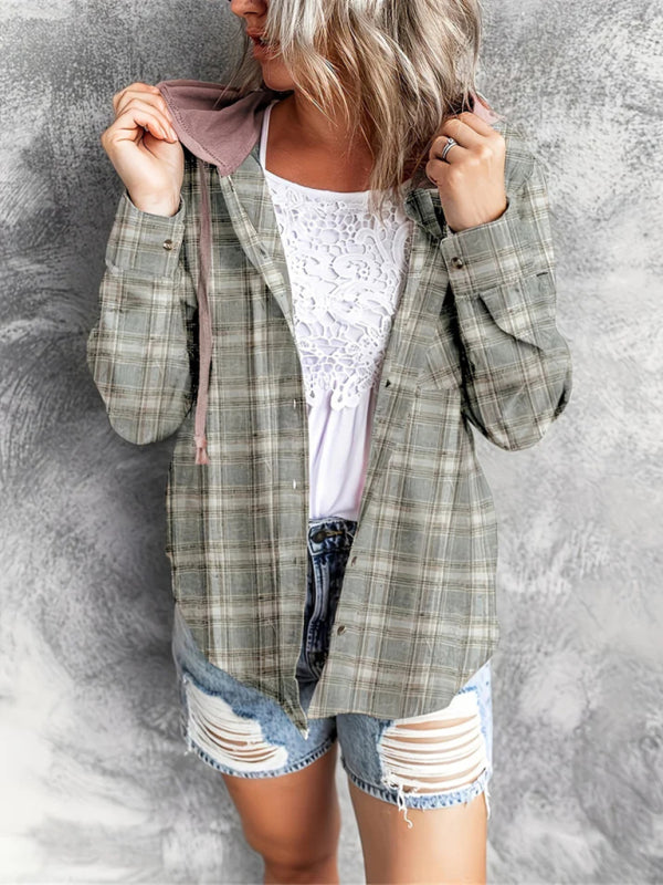 Sweatshirts- Plaid Cotton Hooded Shirt - Hoodie Sweatshirt- Olive green- Pekosa Women Clothing