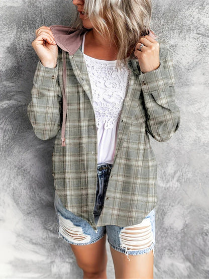 Sweatshirts- Plaid Cotton Hooded Shirt - Hoodie Sweatshirt- Olive green- Pekosa Women Clothing