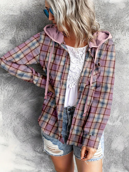 Sweatshirts- Plaid Cotton Hooded Shirt - Hoodie Sweatshirt- Purple- Pekosa Women Clothing