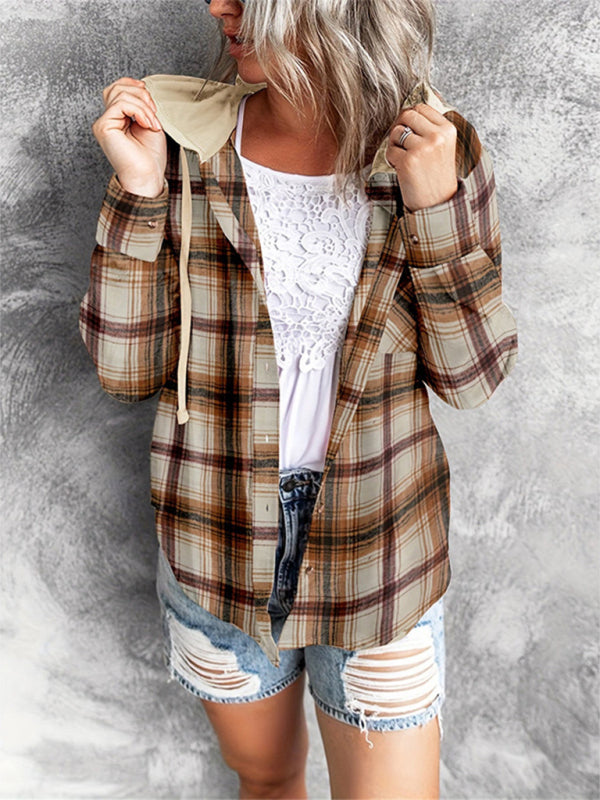 Sweatshirts- Plaid Cotton Hooded Shirt - Hoodie Sweatshirt- Coffee- Pekosa Women Clothing