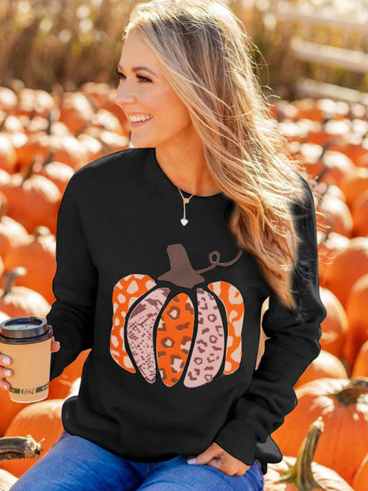 Sweatshirts- Pumpkin Print Sweatshirt - Perfect for Halloween- Pattern- Pekosa Women Clothing