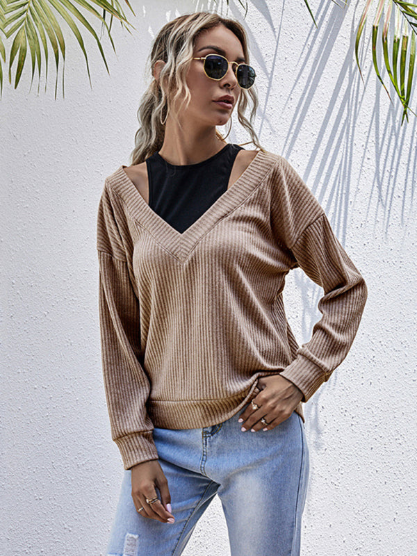 Sweatshirts- Ribbed Long Sleeve T-Shirt - Faux Two-Piece Sweatshirt- Khaki- Pekosa Women Clothing