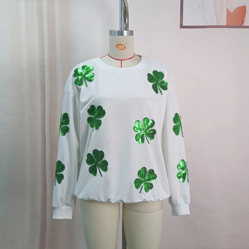 Sweatshirts- Saint Patrick's Day Oversized Sweatshirt with Sparkling Four-Leaf Clover- - Pekosa Women Clothing