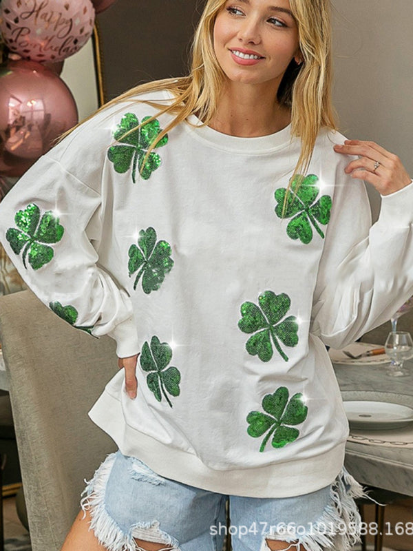 Sweatshirts- Saint Patrick's Day Oversized Sweatshirt with Sparkling Four-Leaf Clover- - Pekosa Women Clothing