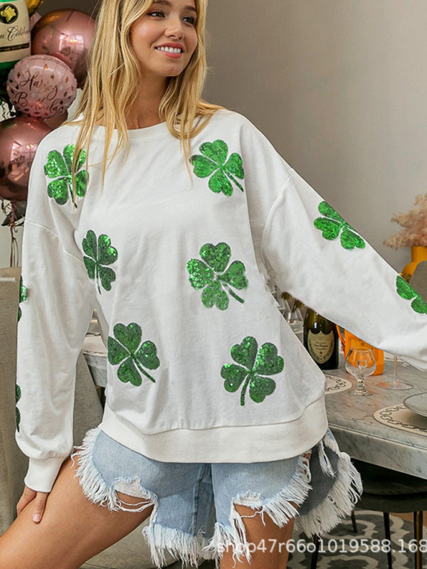 Sweatshirts- Saint Patrick's Day Oversized Sweatshirt with Sparkling Four-Leaf Clover- - Pekosa Women Clothing