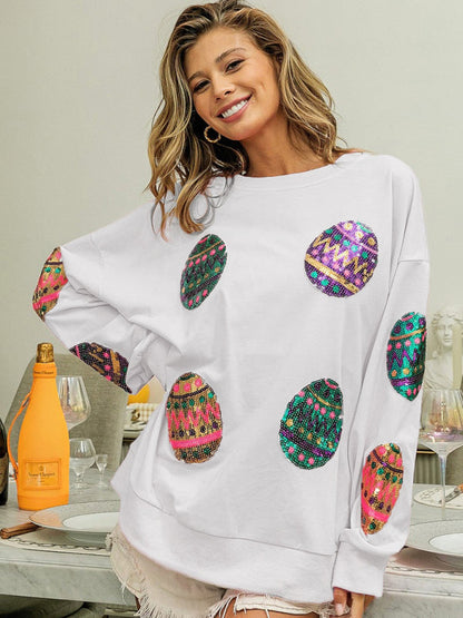 Sweatshirts- Sequined Patchwork Long Sleeve Sweatshirt | Festive Egg Hunts Pullover- White- Pekosa Women Clothing