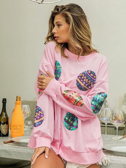 Sweatshirts- Sequined Patchwork Long Sleeve Sweatshirt | Festive Egg Hunts Pullover- - Pekosa Women Clothing