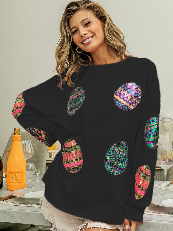 Sweatshirts- Sequined Patchwork Long Sleeve Sweatshirt | Festive Egg Hunts Pullover- Black- Pekosa Women Clothing