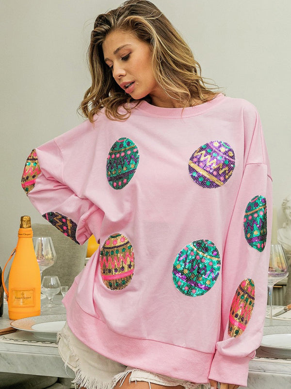 Sweatshirts- Sequined Patchwork Long Sleeve Sweatshirt | Festive Egg Hunts Pullover- - Pekosa Women Clothing