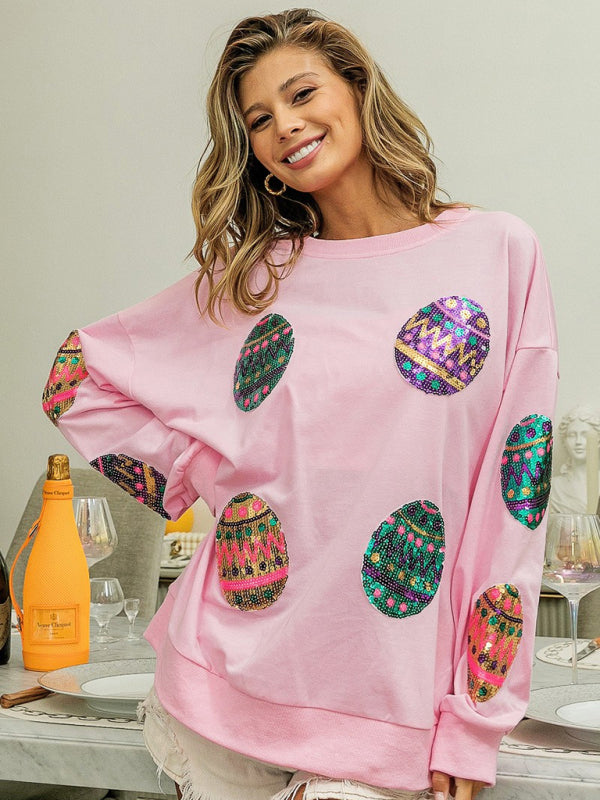 Sweatshirts- Sequined Patchwork Long Sleeve Sweatshirt | Festive Egg Hunts Pullover- Pink- Pekosa Women Clothing