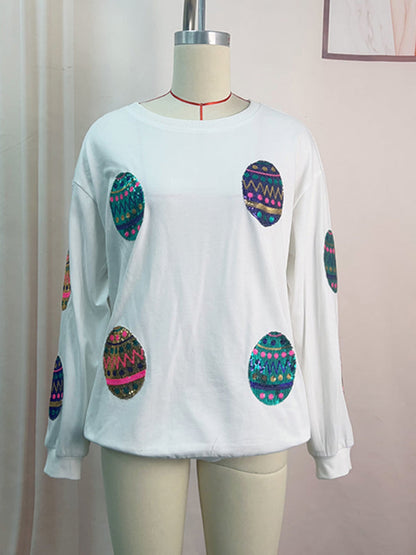 Sweatshirts- Sequined Patchwork Long Sleeve Sweatshirt | Festive Egg Hunts Pullover- - Pekosa Women Clothing