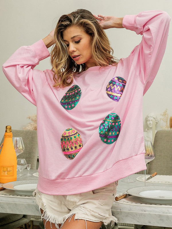 Sweatshirts- Sequined Patchwork Long Sleeve Sweatshirt | Festive Egg Hunts Pullover- - Pekosa Women Clothing