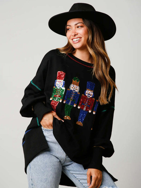 Sweatshirts- Sequined Xmas Pullover for Thanksgiving - Oversized Sweatshirt- Black- Pekosa Women Clothing