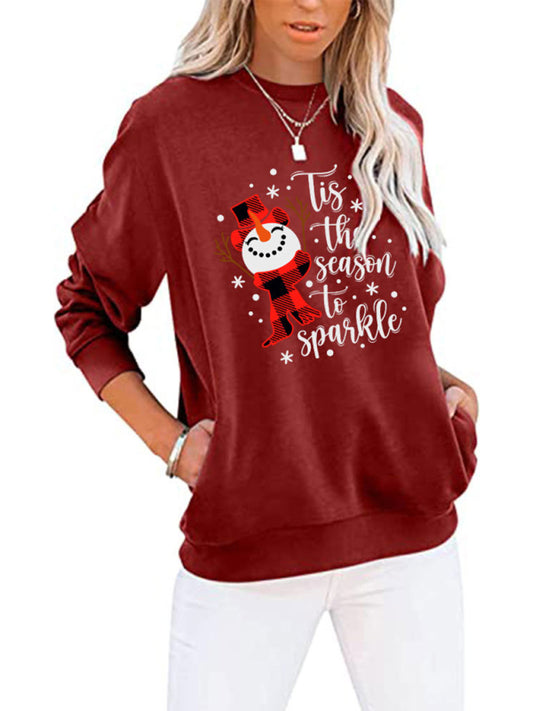 Sweatshirts- Snowman Xmas Cotton Christmas Pullover Sweatshirt with Pockets- Pattern1- Pekosa Women Clothing