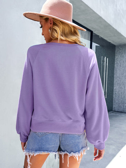 Sweatshirts- Solid Buttons Balloon Sleeve Sweatshirt Top- - Pekosa Women Clothing