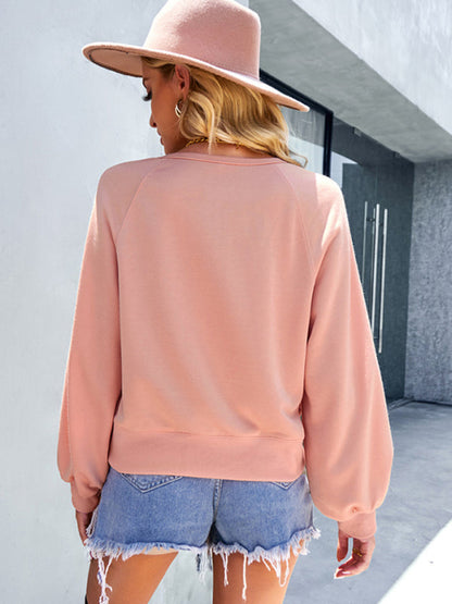 Sweatshirts- Solid Buttons Balloon Sleeve Sweatshirt Top- - Pekosa Women Clothing